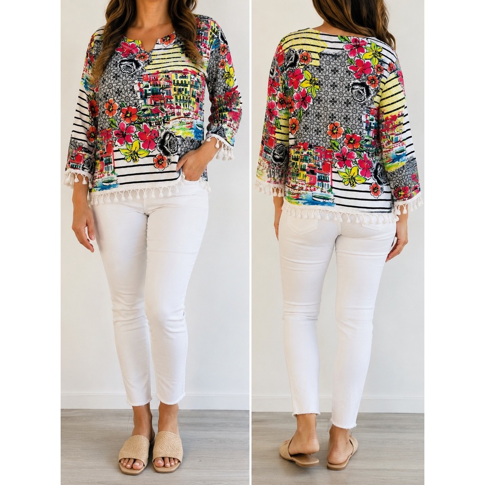 Onque Casual Womens XL Patchwork Coastal Floral Tassel Fringe 3/4 Sleeve Top